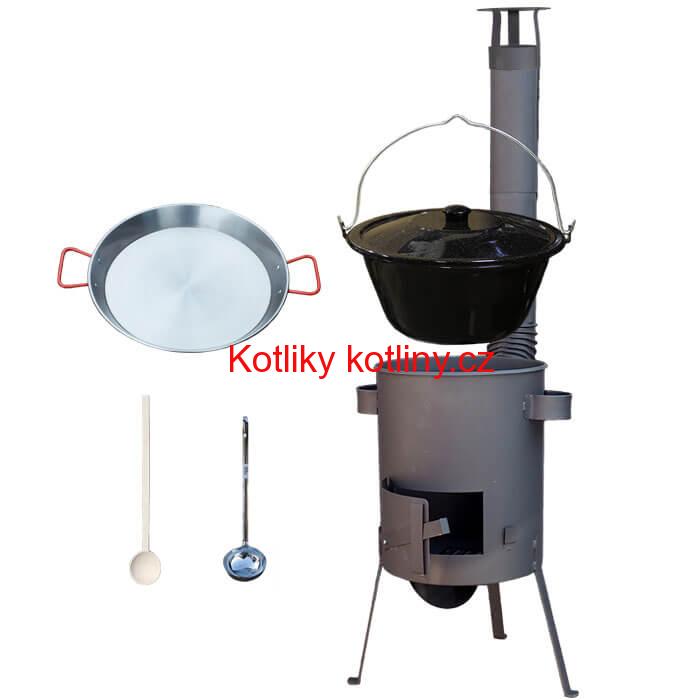 Smaltovaný kotlík 16 L + Paella ocelová pánev 42 cm + žáruvzdorná kotlina 39 PLUS 600 s roštem na popel 4 mm