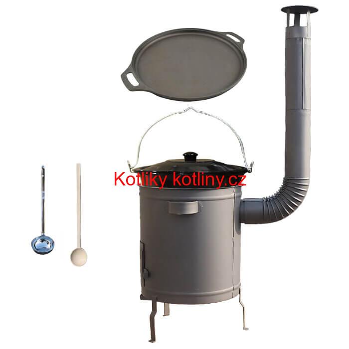 Smaltovaný kotlík 20 L (1,2 mm) + Litinová pánev 43 cm + silnostěnná (1,5 mm) a žáruvzdorná kotlina 42 PLUS 600