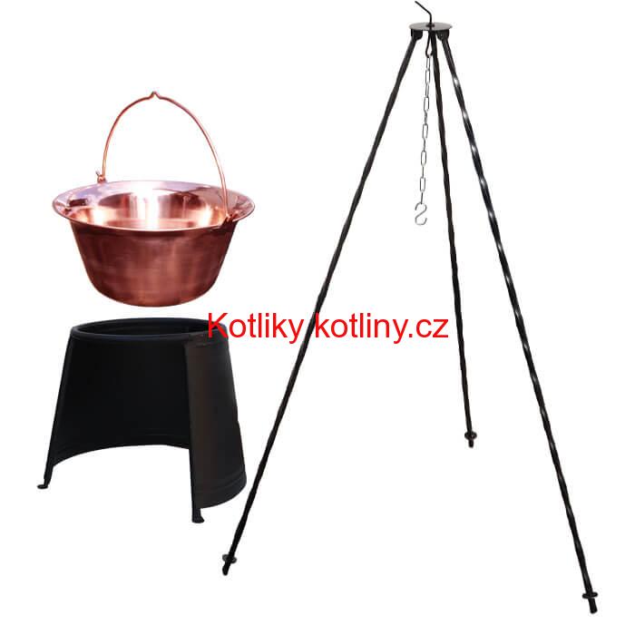 Měděný kotlík 14 L (1,2 mm) + chránič plamene 37 cm + trojnožka 1,2 m
