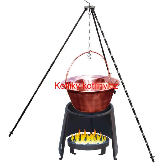Měděný kotlík 10 L (1,2 mm) + chránič plamene 37 cm + ohniště 36 cm + trojnožka 1,2 m