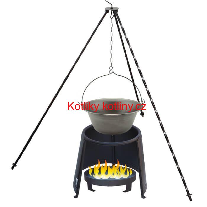 Železný kotlík 10 L (0,75 mm) + chránič plamene 37 cm + ohniště 36 cm + trojnožka 1,2 m