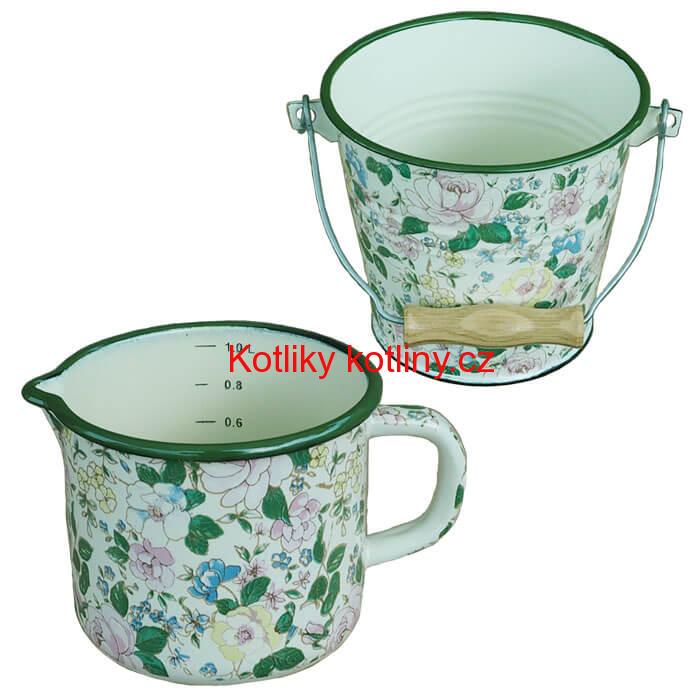 Smaltovaný hrnek s výlevkou 1 L + vědro 1 L DECOR