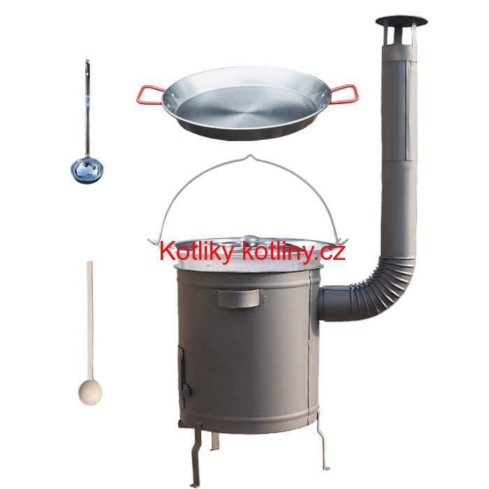Nerezový kotlík 14 L (0,8 mm) + Paella pánev 38 cm + silnostěnná (1,5 mm) žáruvzdorná kotlina (1,5 mm) 36 PLUS 600