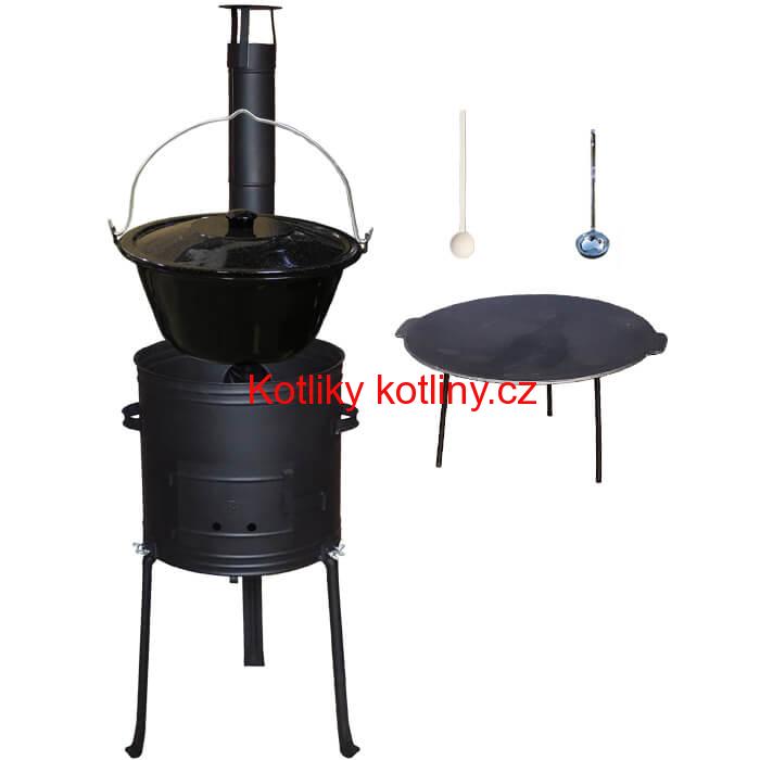 Smaltovaný kotlík 25 L + Litinová pánev 45 cm + kovová kotlina s vysokými nožičkami 42 cm, žáruvzdorná barva Plus 700