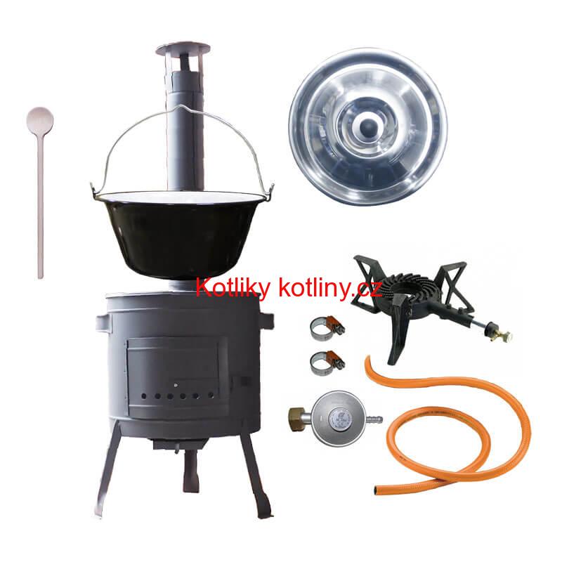 Smaltovaný kotlík (1,2 mm) 25 L + litinový hořák 5,5 kW + nízká kotlina 42 PLUS 600 + nerezová poklice INOX