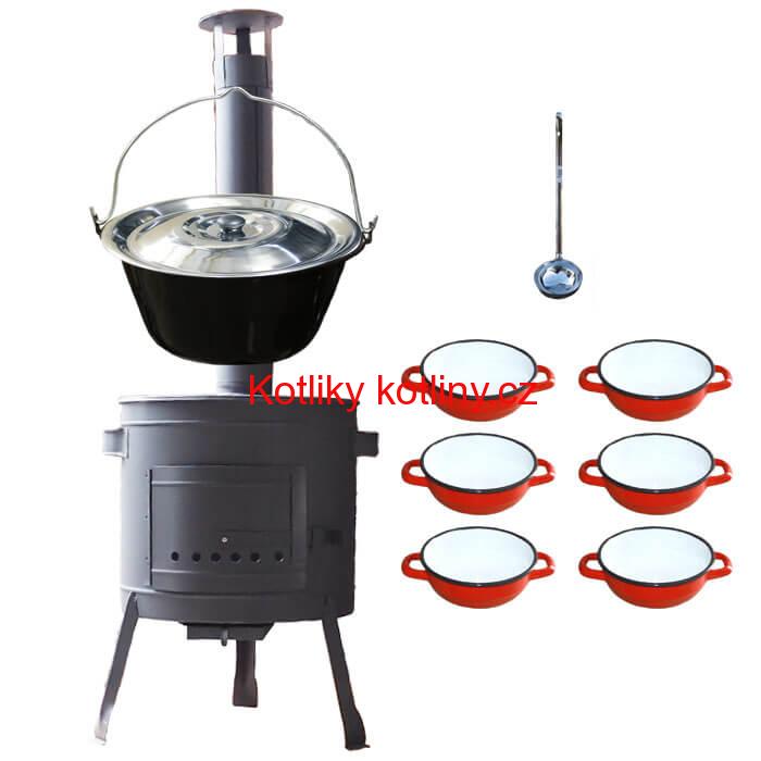 Smaltovaný kotlík 20 L + selské misky 6 ks + nízká žáruvzdorná kotlina 42 cm PLUS 600