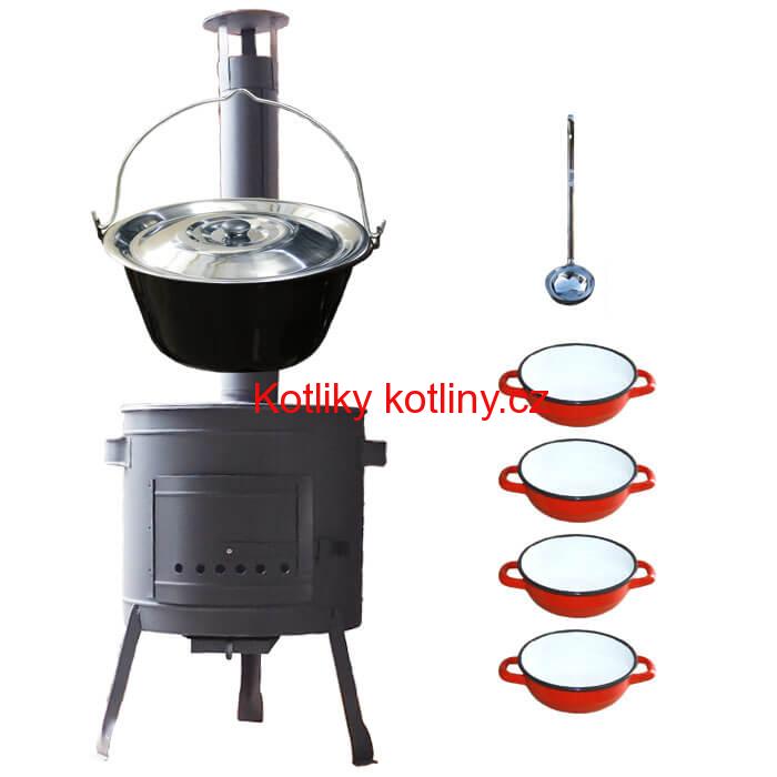 Smaltovaný kotlík 30 L + selské misky 4 ks + nízká žáruvzdorná kotlina 45 cm PLUS 600