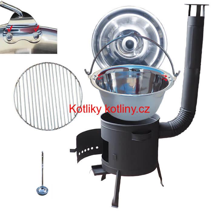 Nerezový kotlík 20 L (0,8 mm) s nýty INOX + Nerezový rošt 45 cm + nízká žáruvzdorná kotlina 42 cm PLUS 600