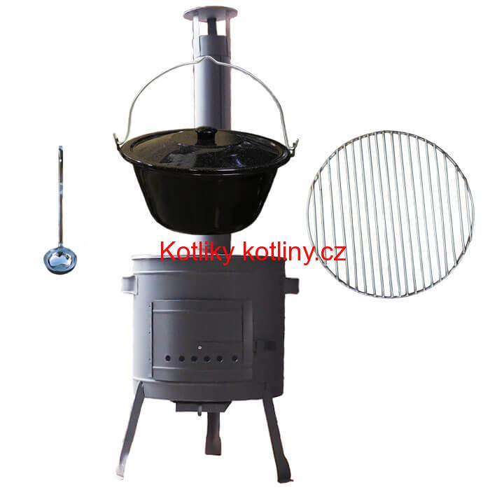 Smaltovaný kotlík 20 L + Nerezový rošt 45 cm + nízká žáruvzdorná kotlina 42 cm PLUS 600