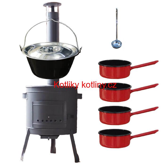 Smaltovaný kotlík 16 L + smaltované rendlíky 4 ks + nízká žáruvzdorná kotlina 39 cm PLUS 600