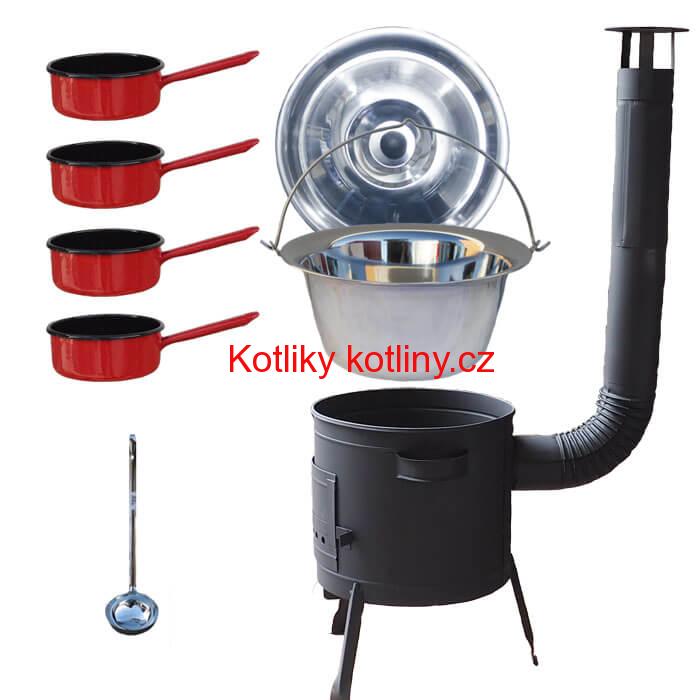 Nerezový kotlík 22 L (0,8 mm) INOX + smaltované rendlíky 4 ks + nízká žáruvzdorná kotlina 42 cm PLUS 600