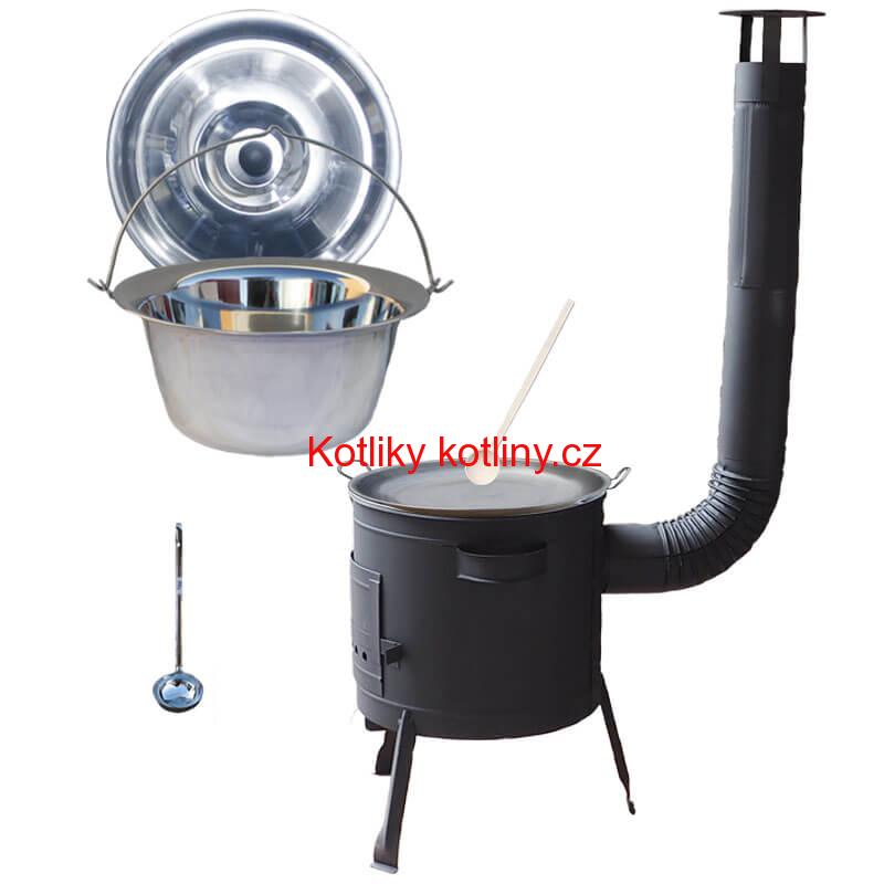 Nerezový kotlík 20 L (1,2 mm) + železná pánev 46 cm WOK + nízká žáruvzdorná kotlina 42 cm PLUS 600