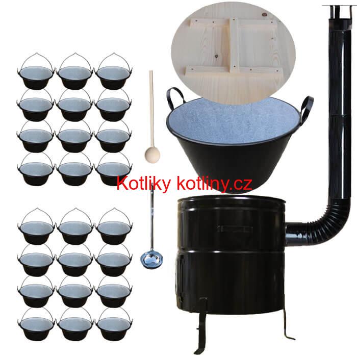 Smaltovaný kotel 100 L + servírovací kotlíky (24 ks) + vařečka a naběračka BIG PARTY
