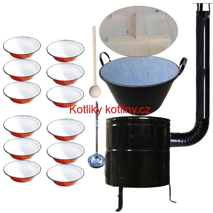 Smaltovaný kotel 100 L + smaltované talíře 12 ks vařečka a naběračka BIG PARTY