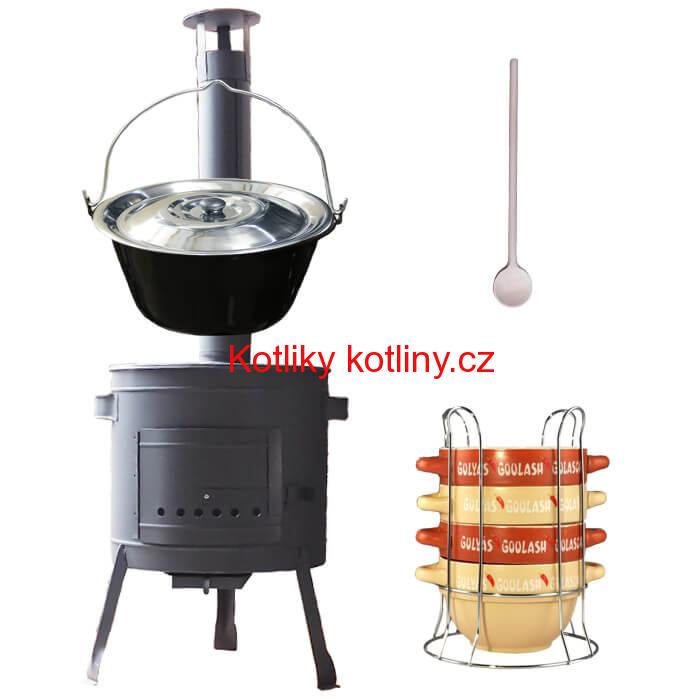 Smaltovaný kotlík 25 L (1,2 mm) + misky na guláš 4 ks + nízká žáruvzdorná kotlina 42 PLUS 600