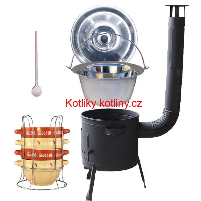 Nerezový kotlík 22 L (0,8 mm) INOX + misky na guláš 4 ks + nízká žáruvzdorná kotlina 42 PLUS 600