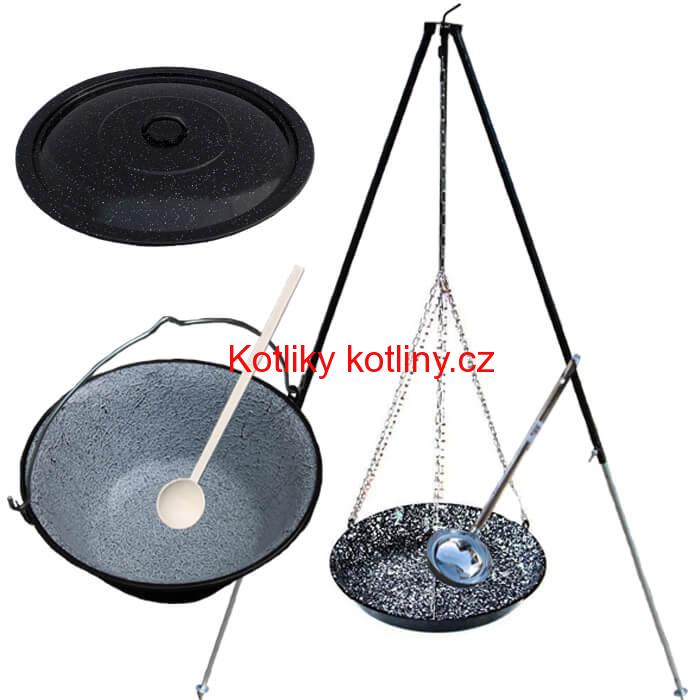 Smaltovaný kotlík 30 L + pánev na grilování + teleskopická trojnožka