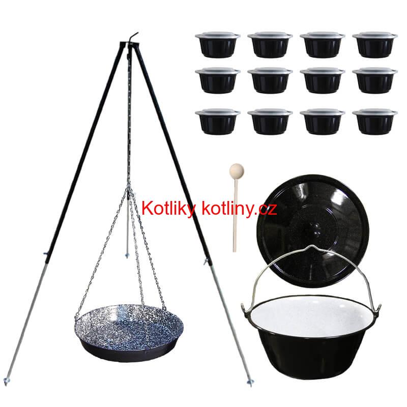 Smaltovaný kotlík 30 L + pánev na grilování + teleskopická trojnožka + misky 12 ks