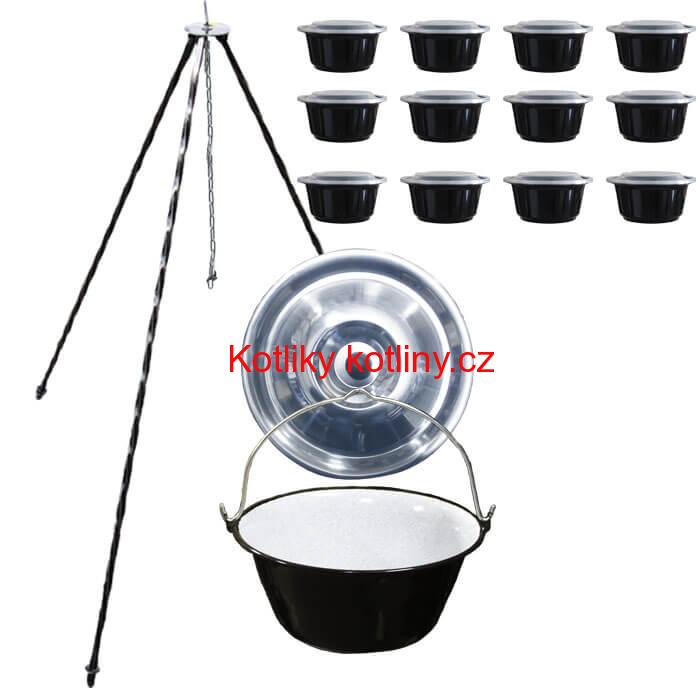 Smaltovaný kotlík 10 L (1,2 mm) + nerezová poklice + trojnožka 1,20 m + misky 12 ks