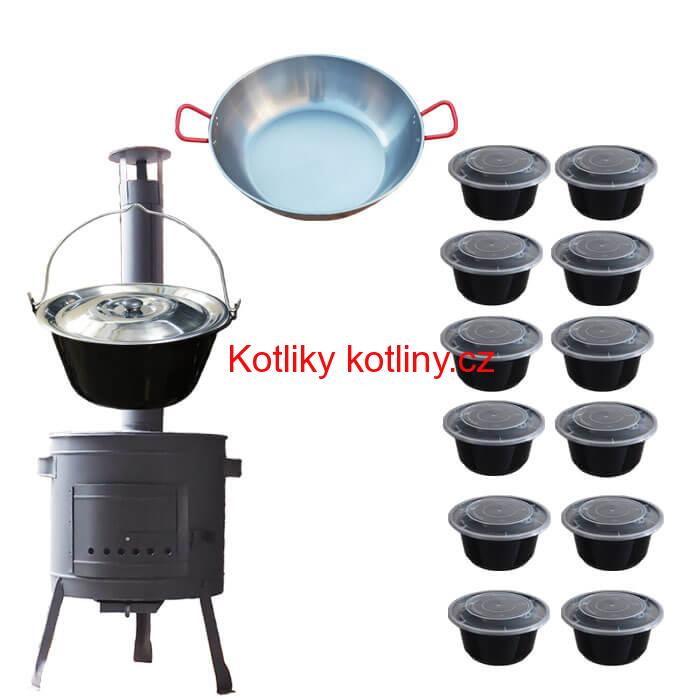 Smaltovaný kotlík 22 L + Pánev PAELLA (WOK) 45 cm + misky 12 ks + nízká kotlina 42 PLUS 600