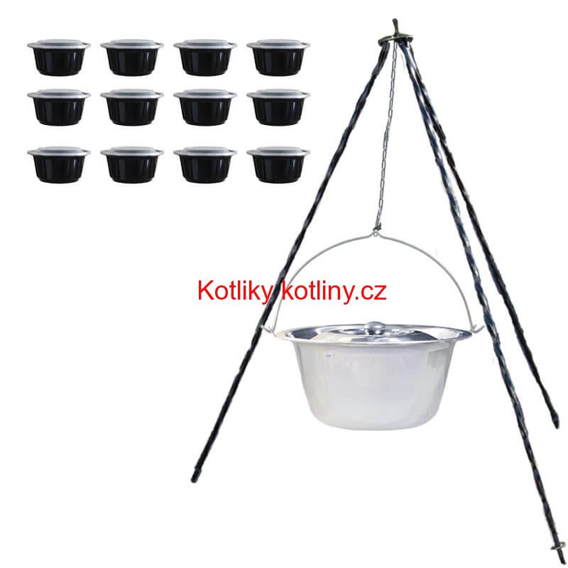 Nerezový kotlík 14 L (0,8 mm) INOX + poklice + trojnožka 1,20 m + misky 12 ks