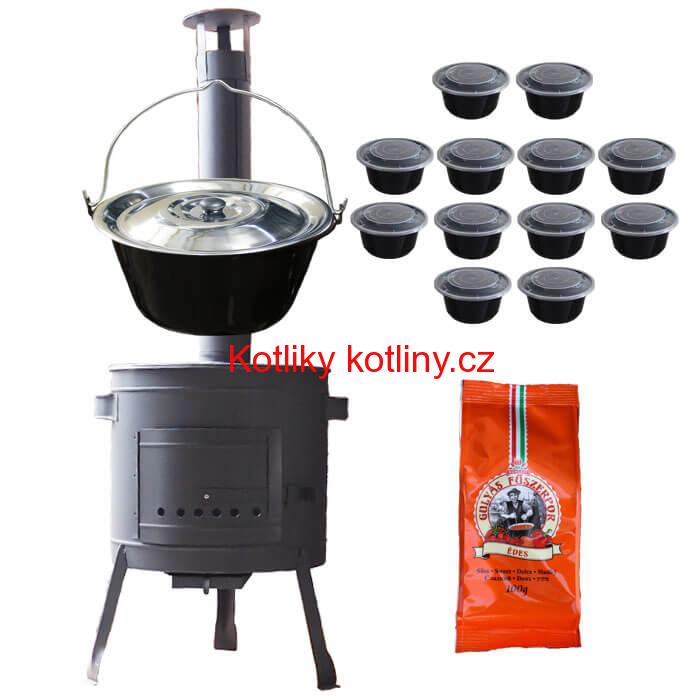 Smaltovaný kotlík 20 L (1,2 mm) + poklice + misky 12 ks + nízká žáruvzdorná kotlina (0,8 mm) 42 PLUS 600