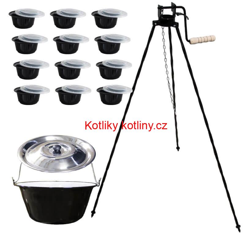 Smaltovaný kotlík 16 L + stojan s kladkou VAR + misky 12 ks