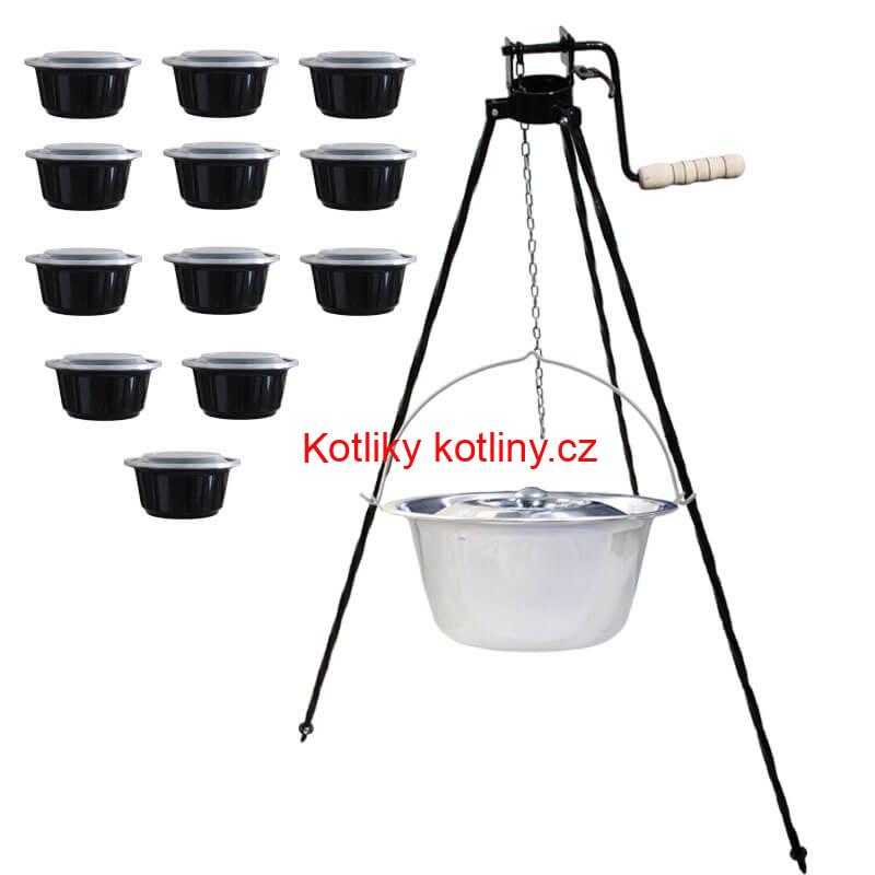 Nerezový kotlík 20 L (0,8 mm) INOX + stojan s kladkou VAR + misky 12 ks