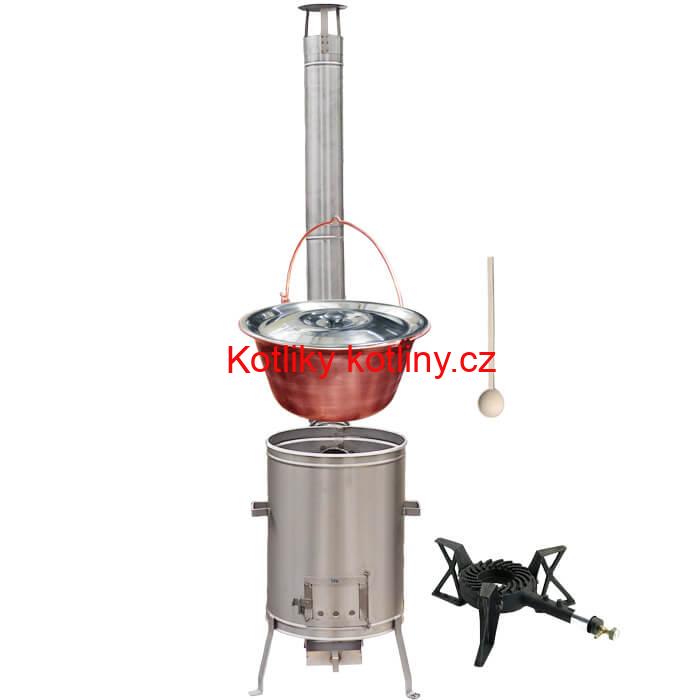 Měděný kotlík 30 L (1,2 mm) + nerezová kotlina 42 cm + litinový hořák 7 kW, vařečka LUX