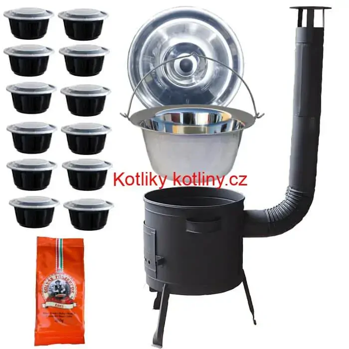 Nerezový kotlík 22 L (0,8 mm) INOX + silnostěnná (1,5 mm) žáruvzdorná kotlina BALKY STRONG 42 PLUS 600 + misky 12 ks + paprikové koření na guláš 100 g