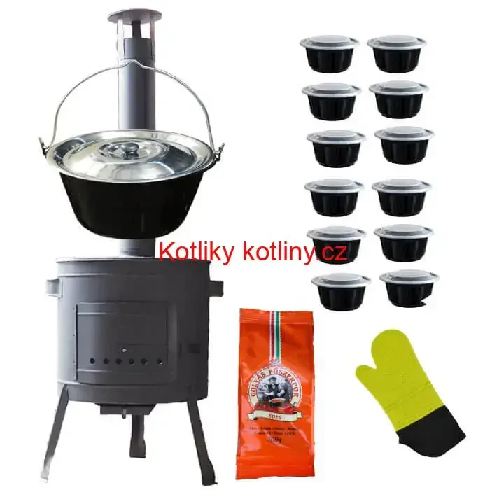 Smaltovaný kotlík 22 L (1,2 mm) + misky 12 ks + nízká žáruvzdorná kotlina (1,0 mm) 42 PLUS 600