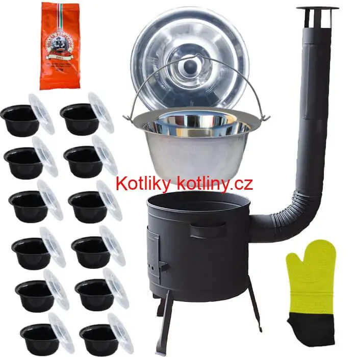 Nerezový kotlík 22 L (0,8 mm) + misky 12 ks + nízká žáruvzdorná kotlina (1,0 mm) 42 PLUS 600