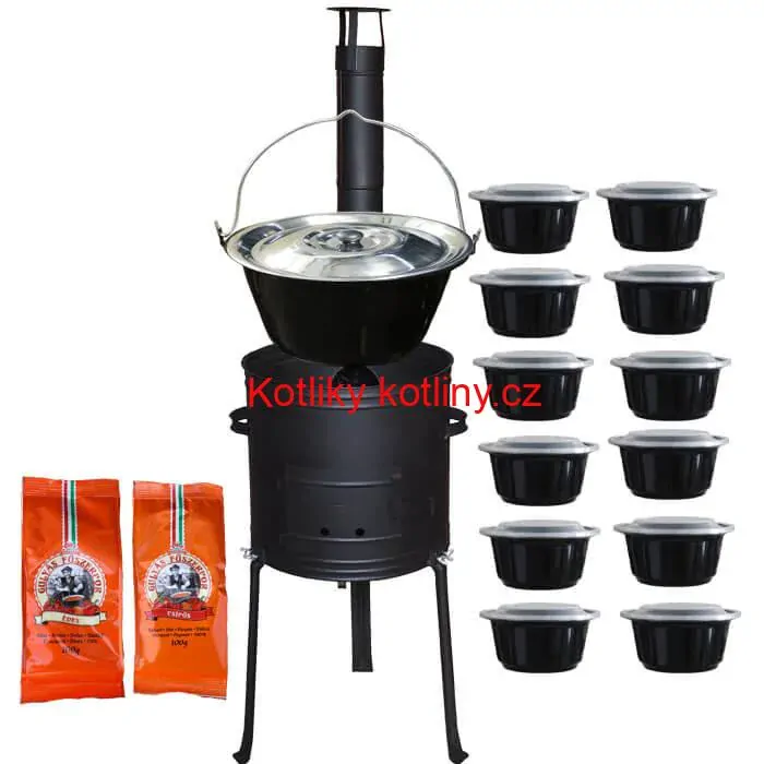 Smaltovaný kotlík 22 L (1,2 mm) + žáruvzdorná kotlina 42 cm Plus 700 + misky 12 ks + 2 x pepř na guláš 100 g