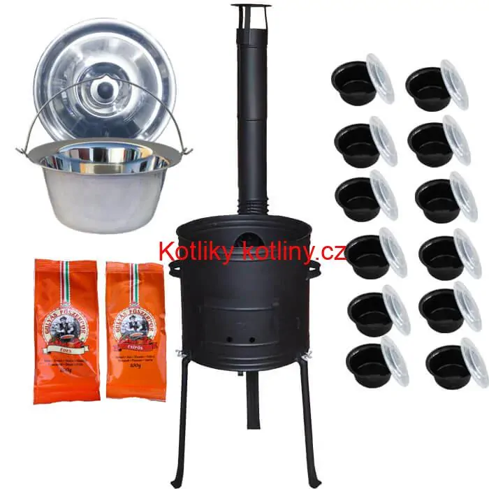 Nerezový kotlík 22 L (0,8 mm) INOX + žáruvzdorná kotlina 42 cm Plus 700 + misky 12 ks + 2 x pepř na guláš 100 g