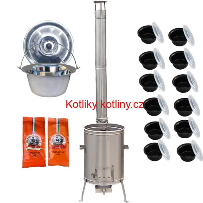 Nerezový kotlík 22 L (0,8 mm) INOX + nerezová kotlina 42 cm LUX + misky 12 ks + 2 x pepř na guláš 100 g