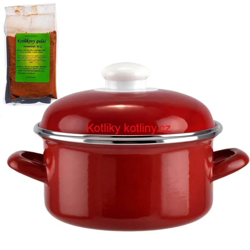 Smaltovaný kastrol s poklicí 2 L červený + pikantní směs koření 50 g Kotlíkový guláš