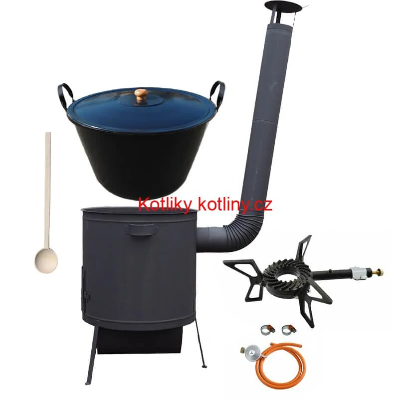 Smaltovaný kotel 60 L na zabijačku + žáruvzdorná kotlina 53 PLUS 600 4 MM + hořák 7,5 kW + vařečka