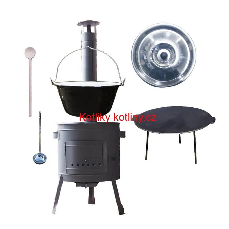 Smaltovaný kotlík 30 L + litinová pánev 45 cm + nízká žáruvzdorná kotlina 42 cm PLUS 600