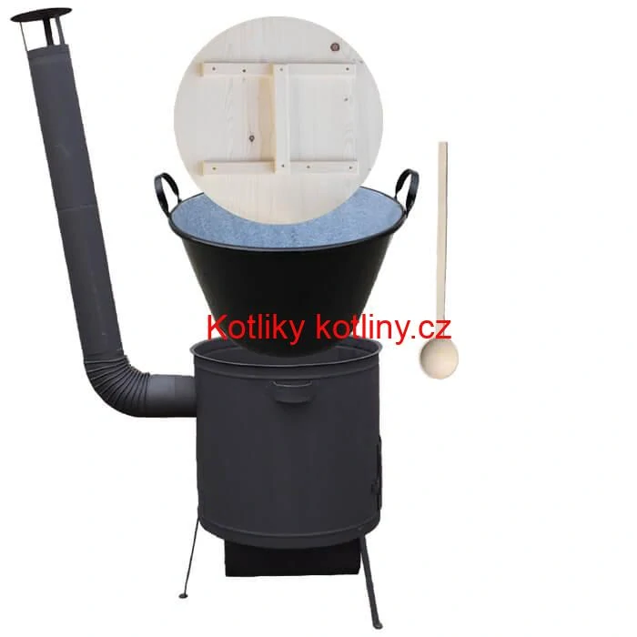 Zabijačkový smaltovaný kotel 100 L, žáruvzdorná kotlina 42 PLUS 600 4 MM, dřevěná poklice + vařečka