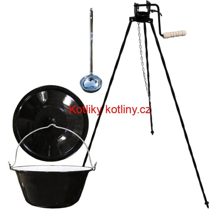Smaltovaný kotlík 20 L + poklice + stojan s kladkou VAR