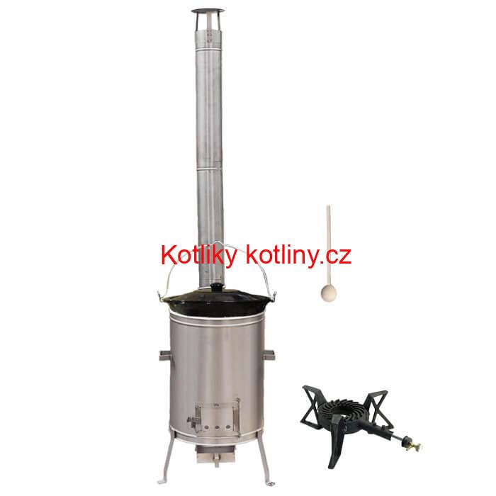 Smaltovaný kotlík 20 L (1,2 mm) + nerezová kotlina 42 cm + litinový hořák 7 kW, vařečka LUX