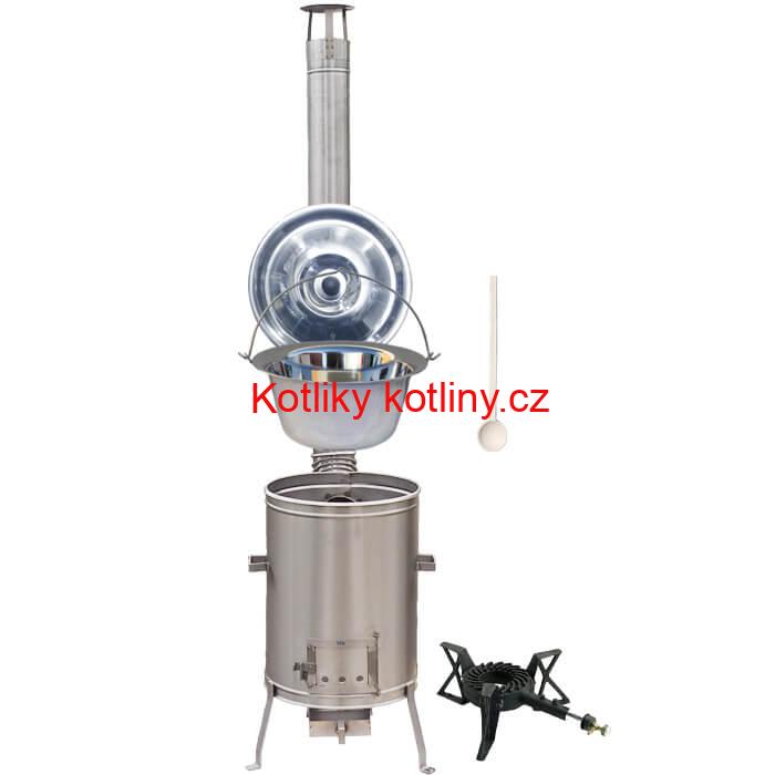 Nerezový kotlík 22 L (0,8 mm) + nerezová kotlina 42 cm + litinový hořák 7 kW, vařečka LUX