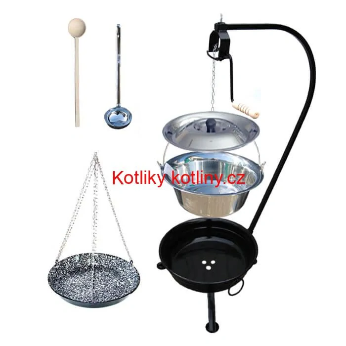 Nerezový kotlík 14 L (0,8 mm) INOX + smaltovaná pánev + ohniště se stojanem as pojistnou kladkou VAR