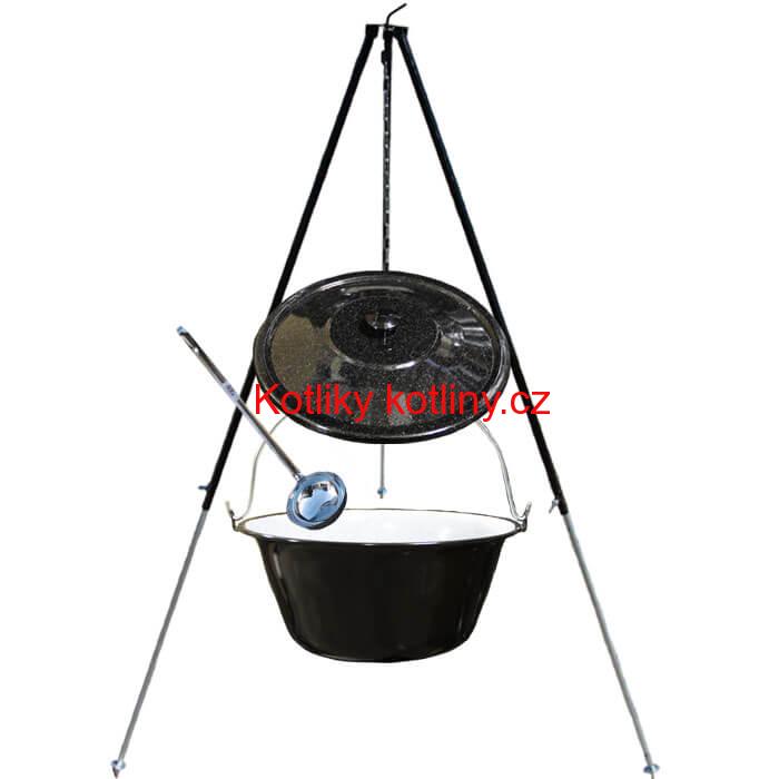 Smaltovaný kotlík 30 L poklice + teleskopická trojnožka 1,40 m