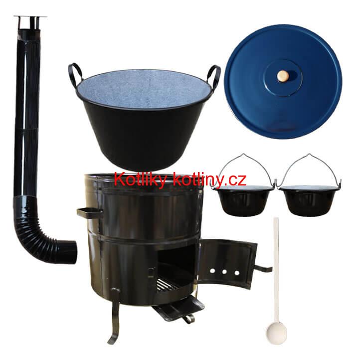 Zabijačkový smaltovaný kotel 70 L + kovová kotlina 56 cm + 2 servírovací kotlíky  a kouřovod
