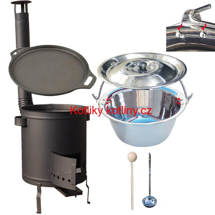 Nerezový kotlík 20 L (0,8 mm) zesílený s nýty + Litinová pánev 43 cm + silnostěnná (1,5 mm) a žáruvzdorná kotlina 42 PLUS 600
