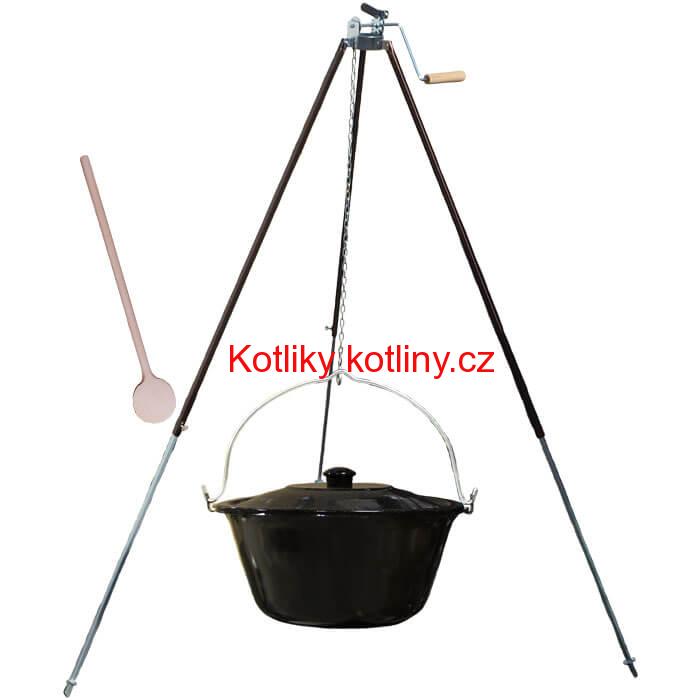 Smaltovaný kotlík 25 L (1,2 mm) + teleskopická trojnožka s pojistnou kladkou + poklice