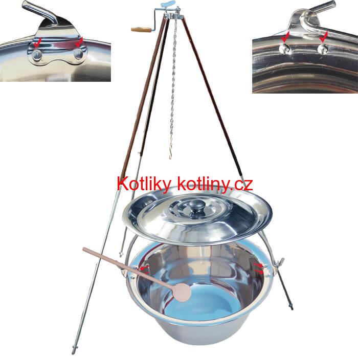 Nerezový kotlík 30 L (0,8 mm) s nýty + teleskopická trojnožka s pojistnou kladkou + poklice