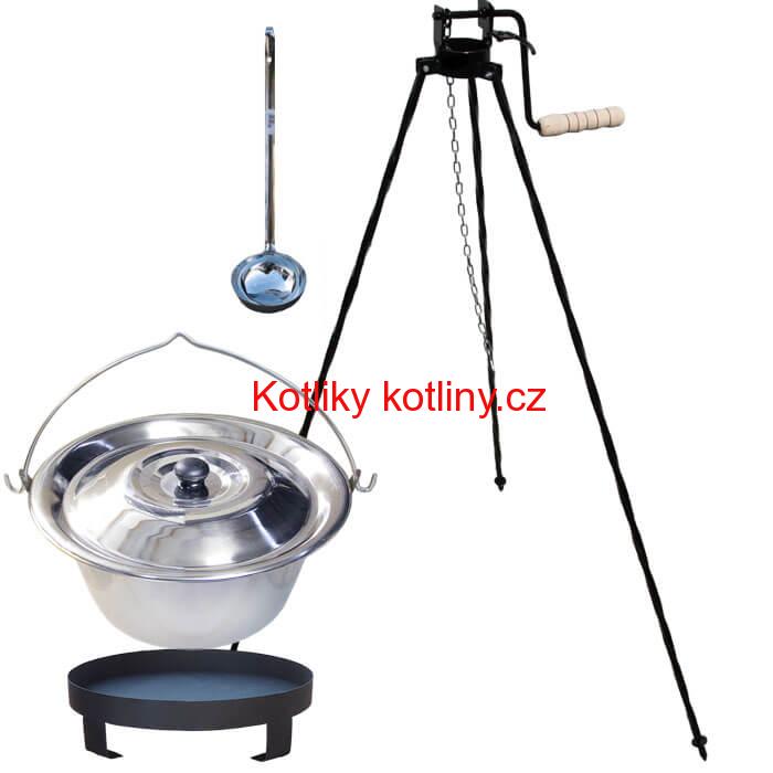 Nerezový kotlík 14 L (0,8 mm) + Ohniště + stojan s kladkou VAR