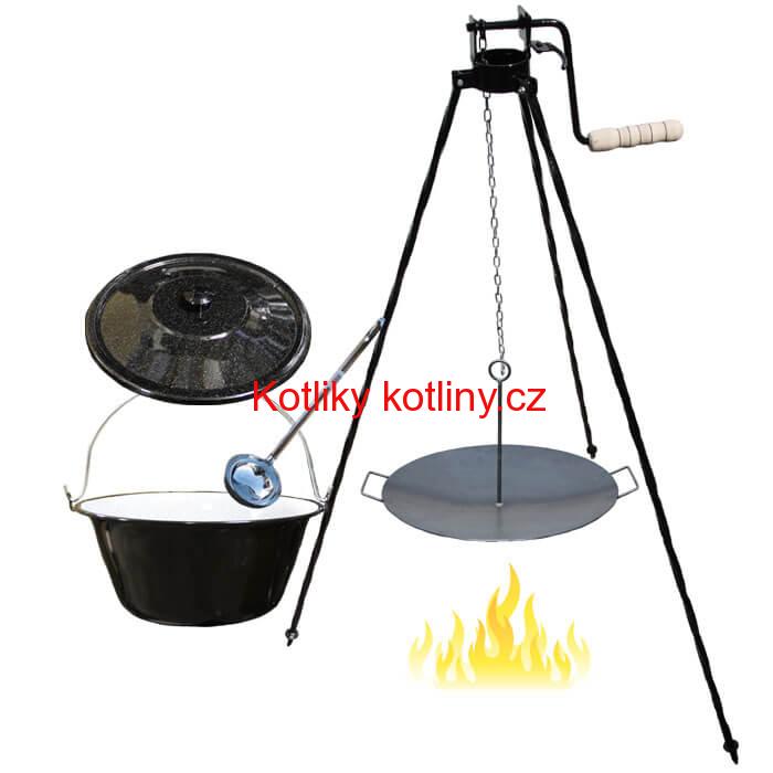 Smaltovaný kotlík 20 L (1,2 mm) + pánev na grilování a stojan s kladkou VAR